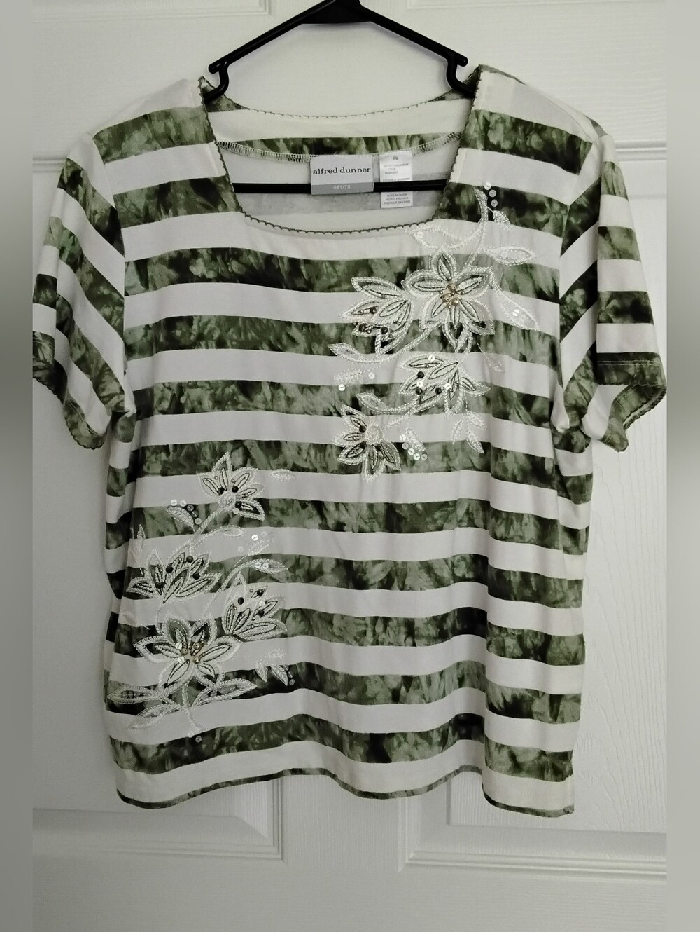 Alfred Dunner Green and White Striped Short-Sleeve Embellished Top